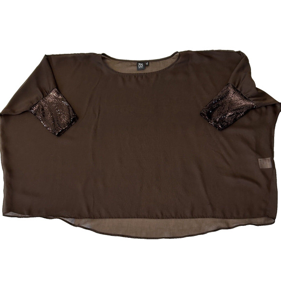 Solo Moda Women's Sheer Overlay Top Batwing Large Brown Sequined Sleeve - Picture 2 of 7